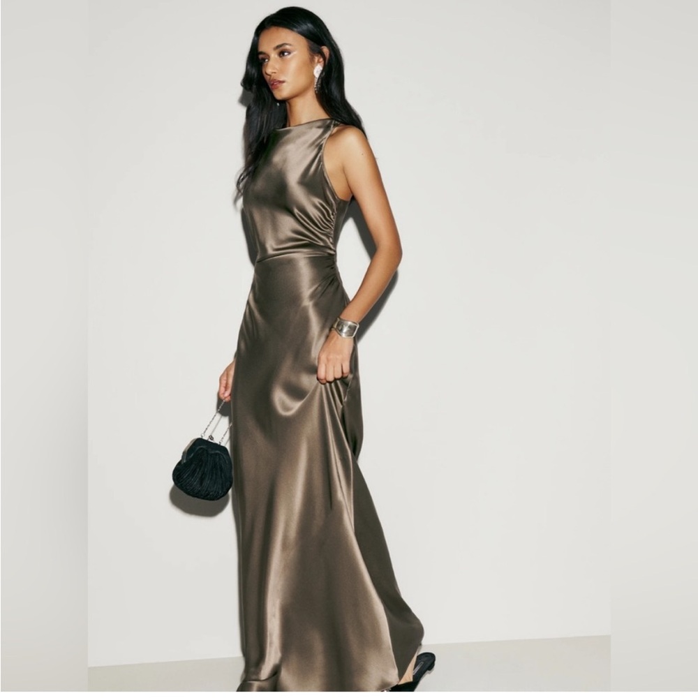 Reformation Satin Maxi Dress in Olive Green